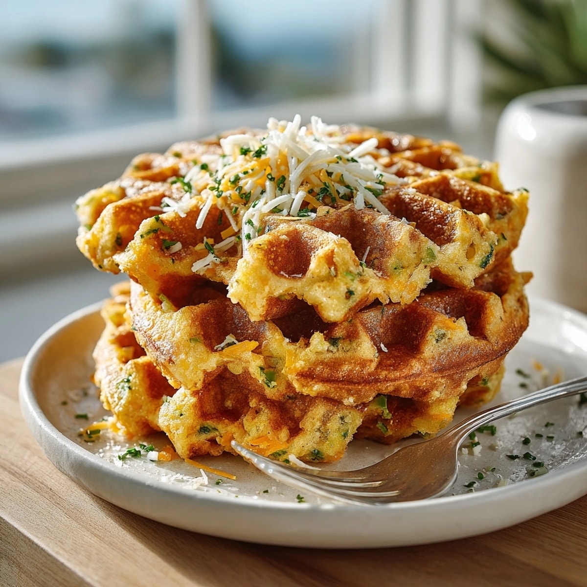 Savory Cheddar Jalapeño Cornbread Waffles, crisp and cheesy, perfect for a brunch feast.