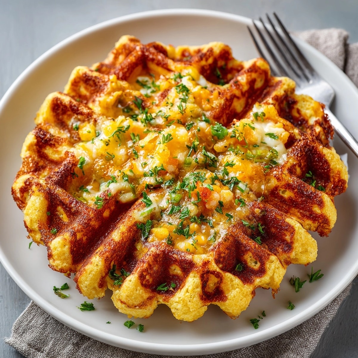 Warm, homemade Cheddar Jalapeño Cornbread Waffles with melted butter, a flavorful spin.