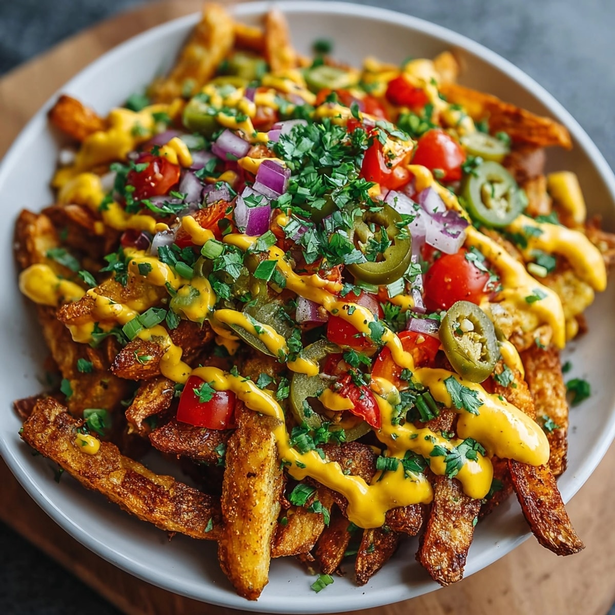 Imagine scooping up a bite of these fully loaded, delicious vegan "cheese" fries.