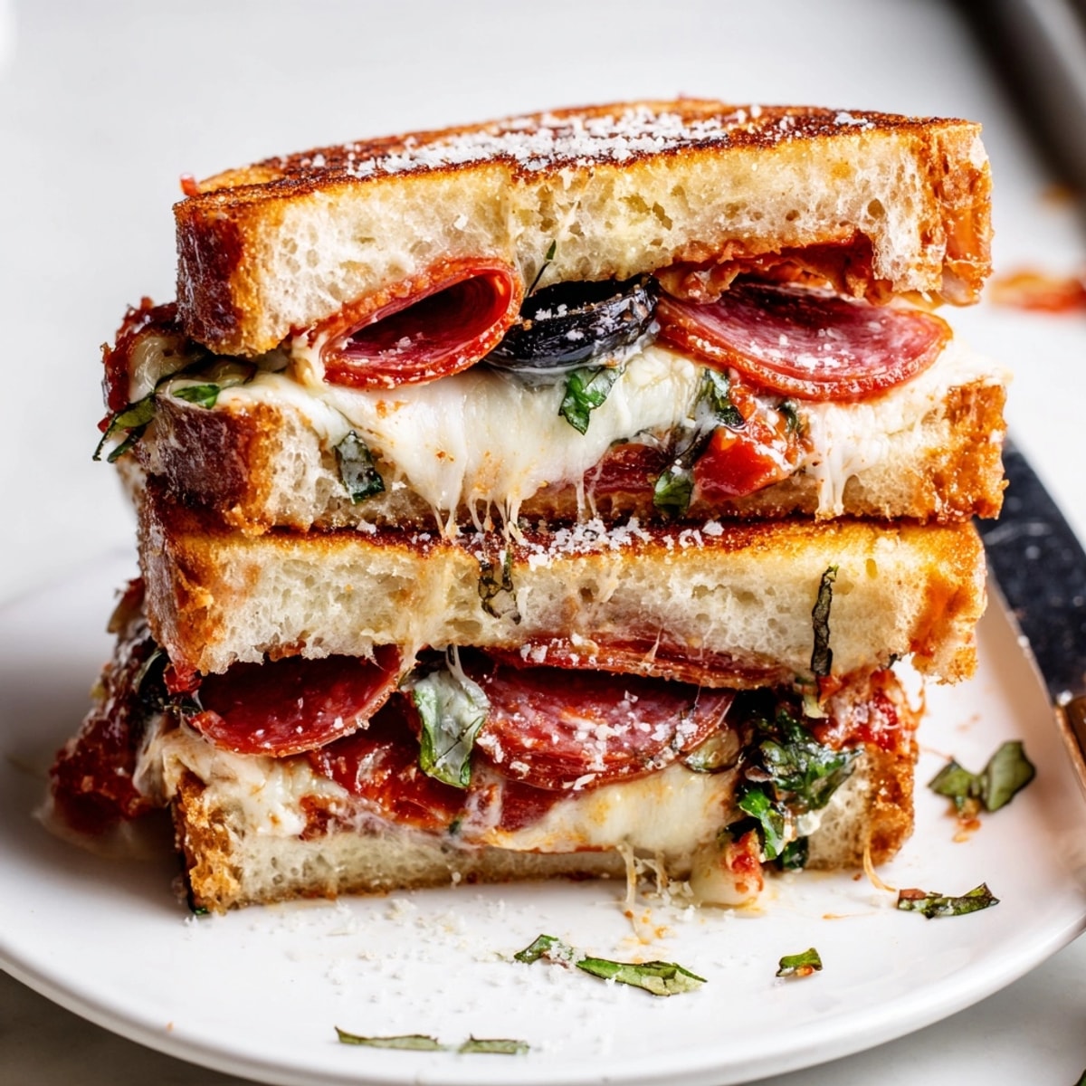 Golden Pizza Grilled Cheese with Pepperoni oozing melted mozzarella and savory pizza sauce.