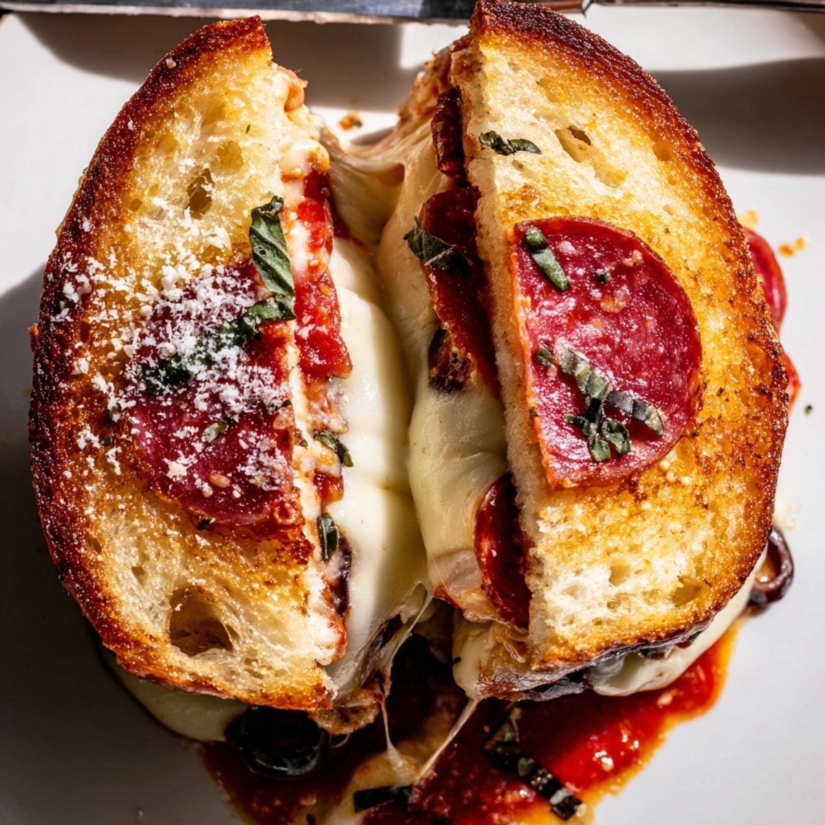 Stacked Pizza Grilled Cheese with Pepperoni, browned bread showing crispy pepperoni layers inside.