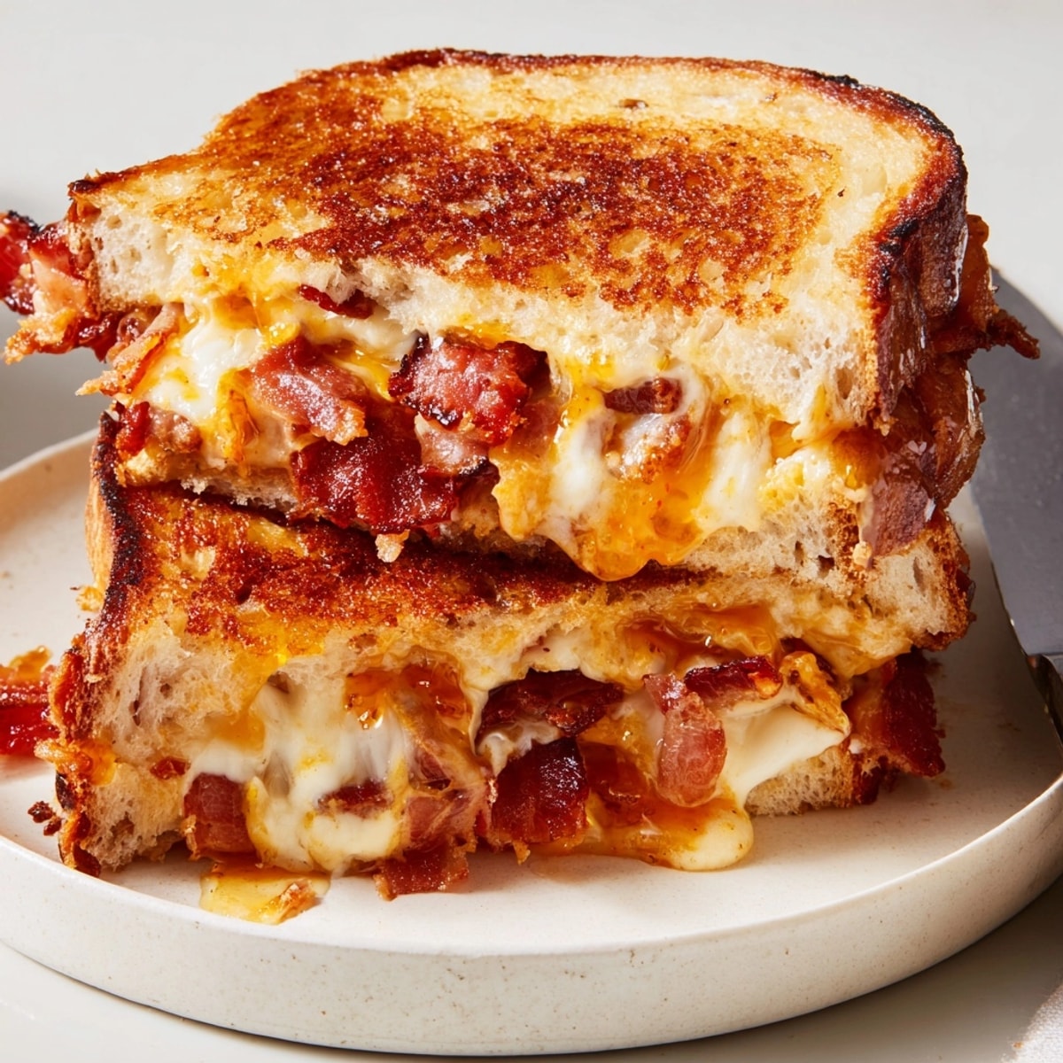 Golden, buttery Crispy Bacon Grilled Cheese with Hot Honey, ready to enjoy warm.