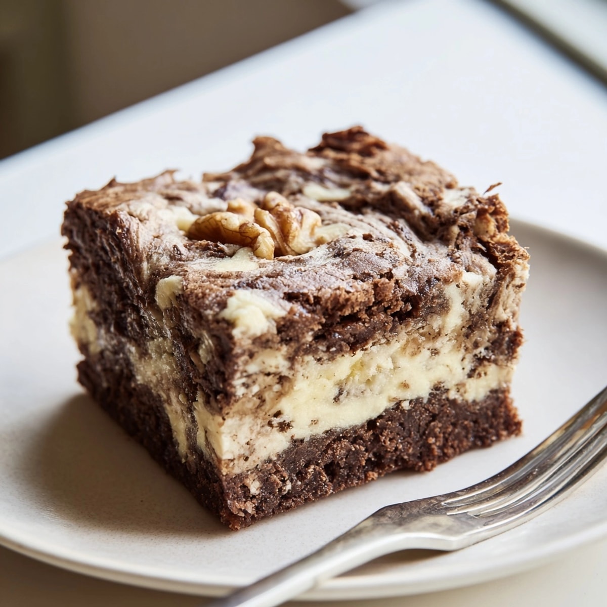 Close-up of rich Cinnamon Nut Ricotta Brownies, warm spices mingle with creamy cheese.