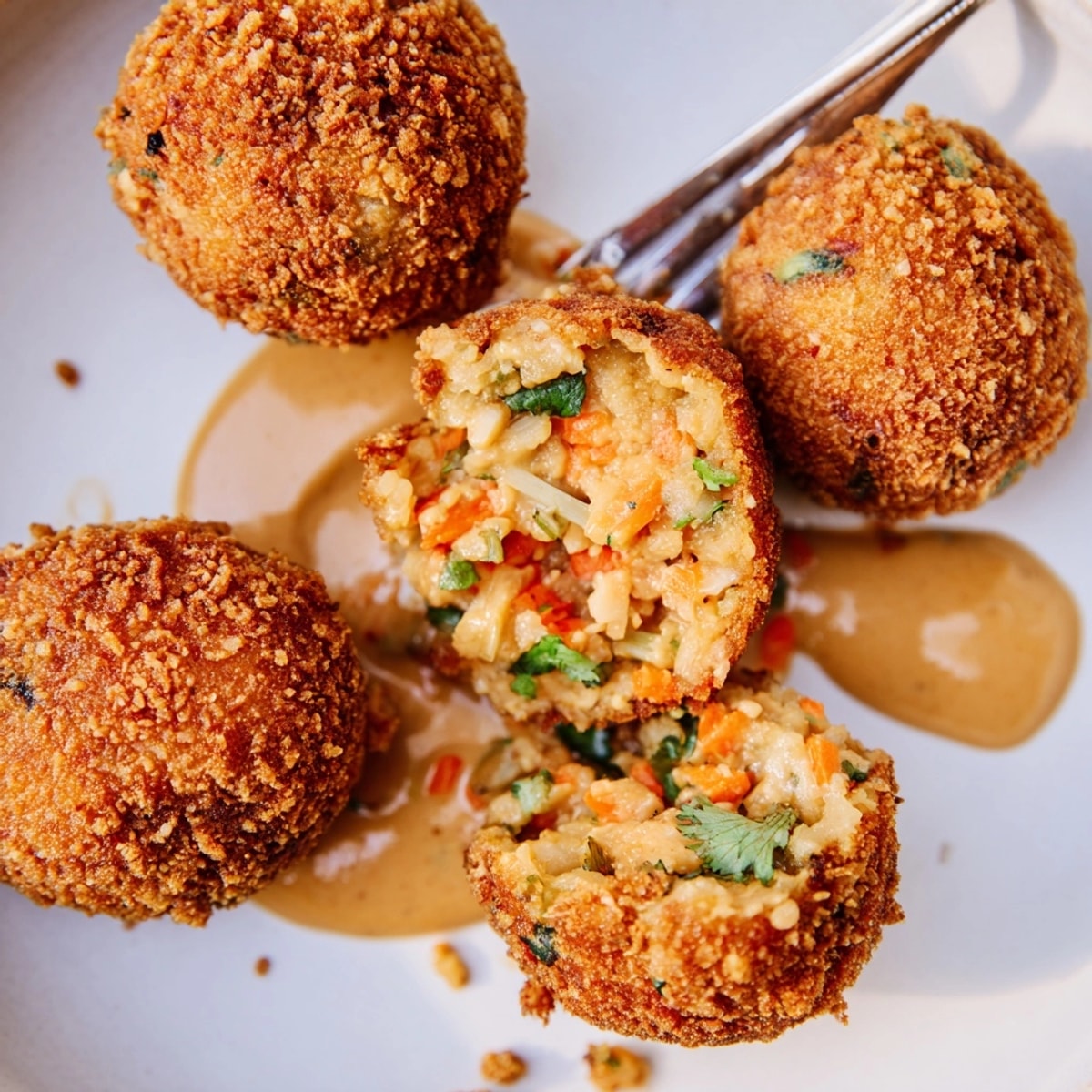 Golden brown Thai Peanut Fried Rice Balls, crunchy outside, soft inside, alongside dipping sauce.