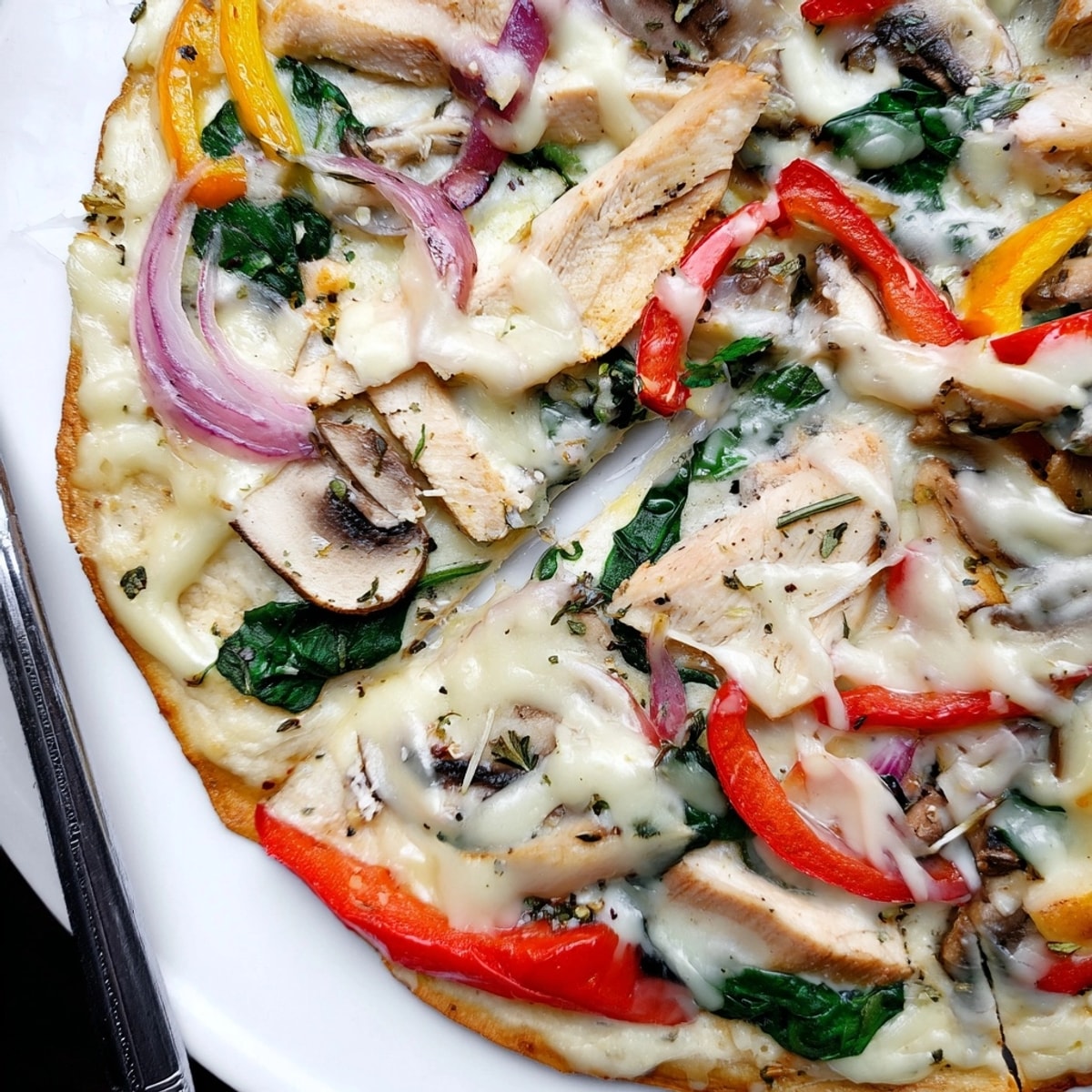 Close-up of a freshly baked Alfredo Chicken Veggie Pizza, bubbling cheese, golden crust.