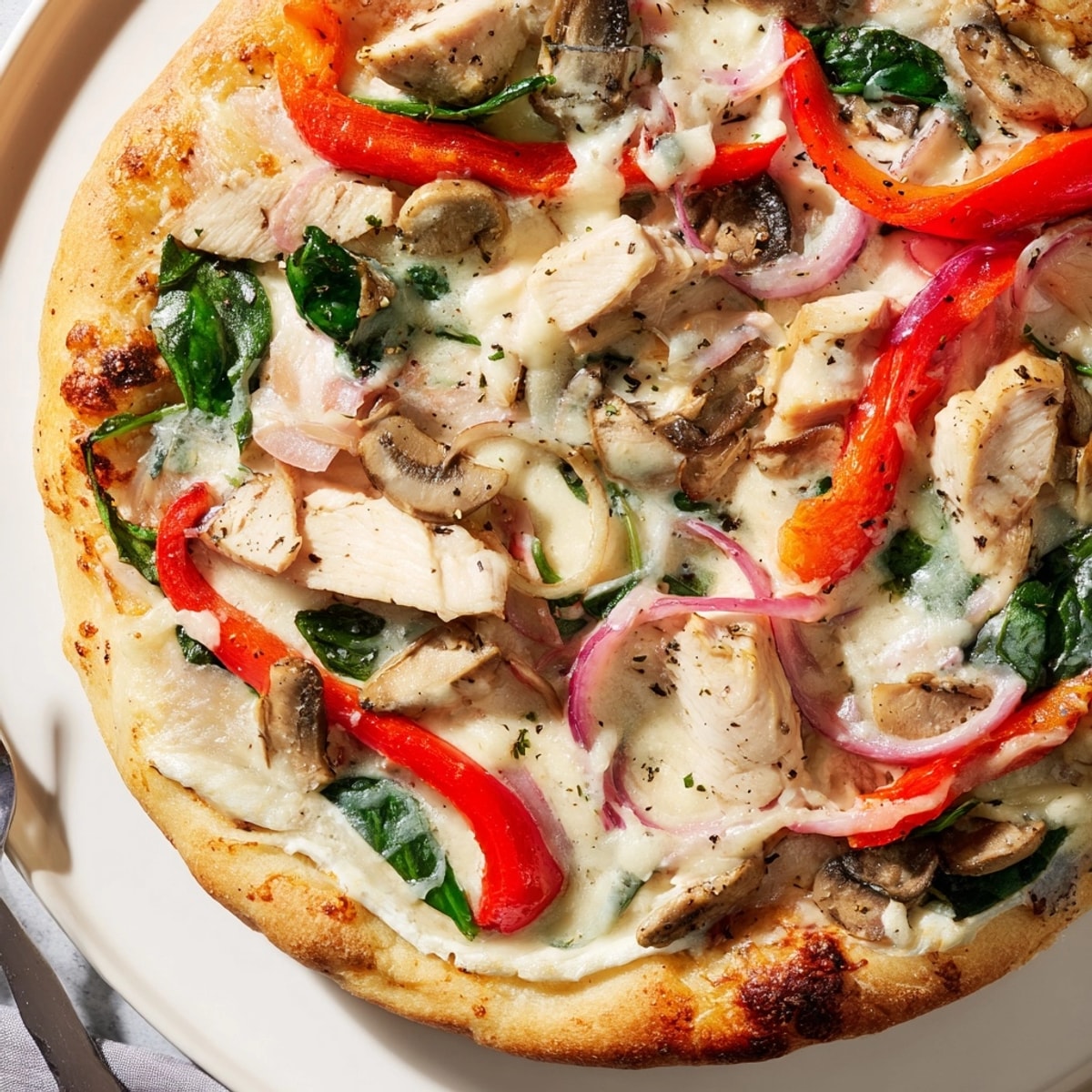 Creamy Alfredo Chicken Veggie Pizza: a delightful family meal with tender chicken and crisp vegetables.
