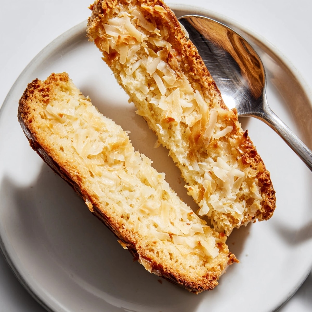 Close-up of crisp Ricotta Lemon Coconut Biscotti, speckled with toasted coconut and lemon zest.