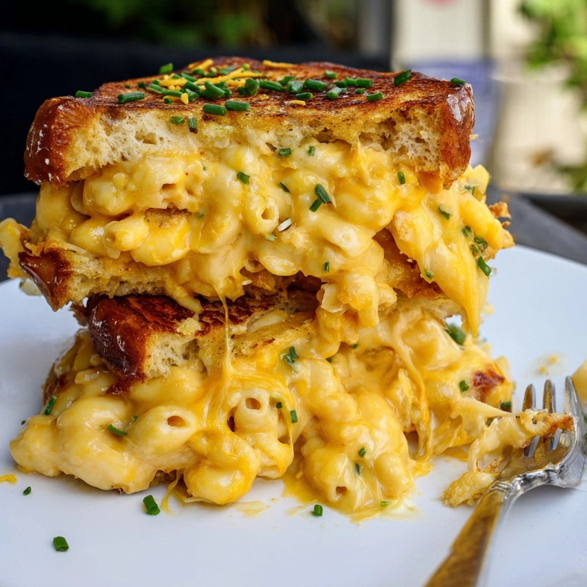 Golden Mac and Cheese Stuffed French Toast, a bubbling, cheesy dream on brioche bread.
