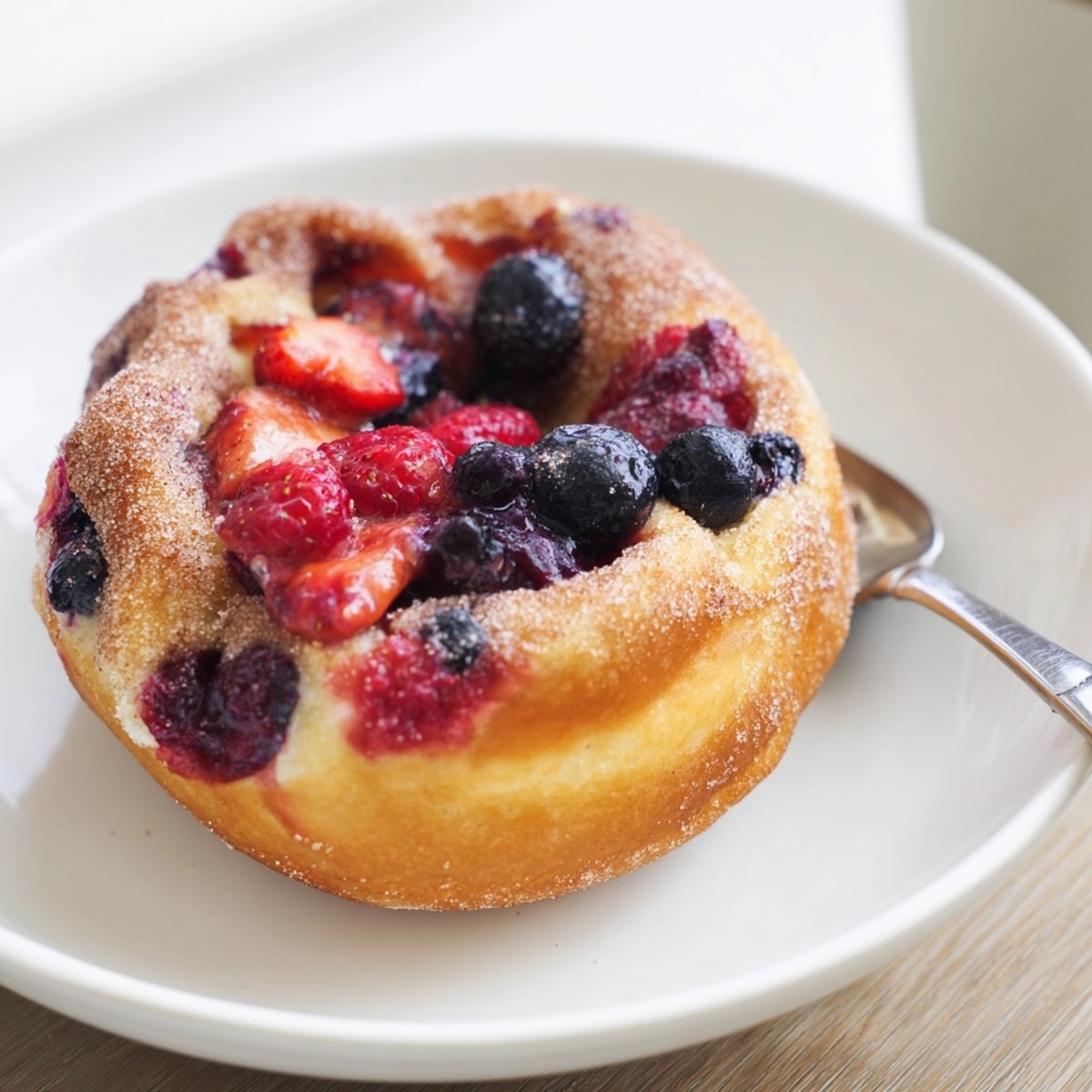 Close-up of Protein Cinnamon Berry Doughnuts glistening with sugar, invitingly arranged on a rack.