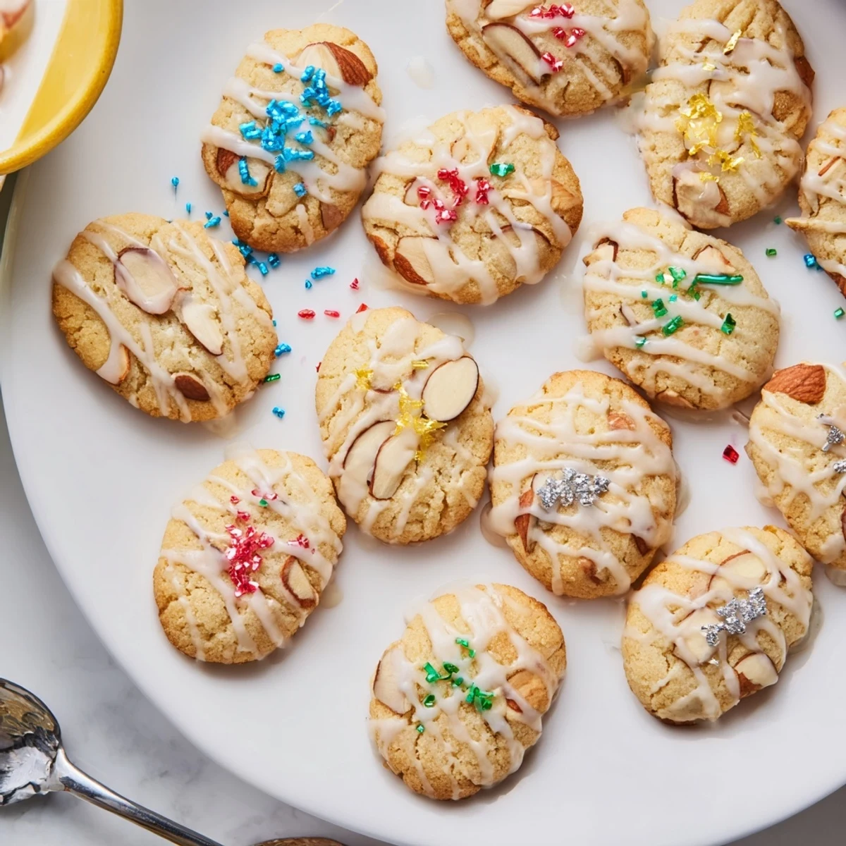 Delicate Festive Hanukkah Almond Christmas Cookies topped with colorful sprinkles and almonds.  