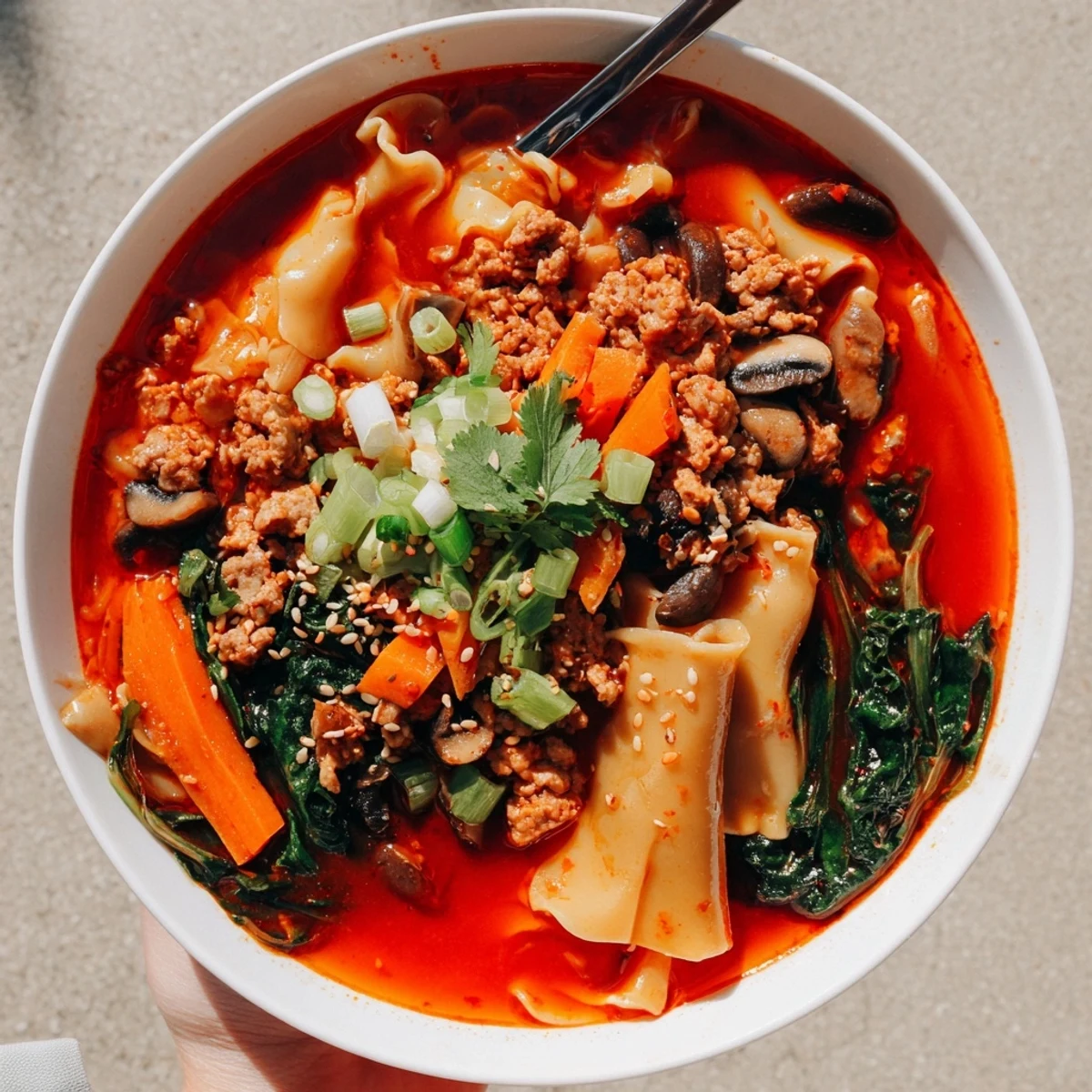 Savor the rich flavors of Spicy Ramen-Inspired Lasagne Soup, perfect for cold evenings.