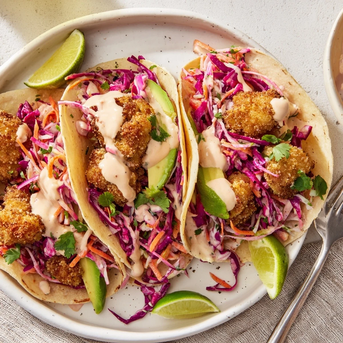 Crispy tempura cauliflower taco bites topped with zesty slaw and creamy chipotle sauce.  