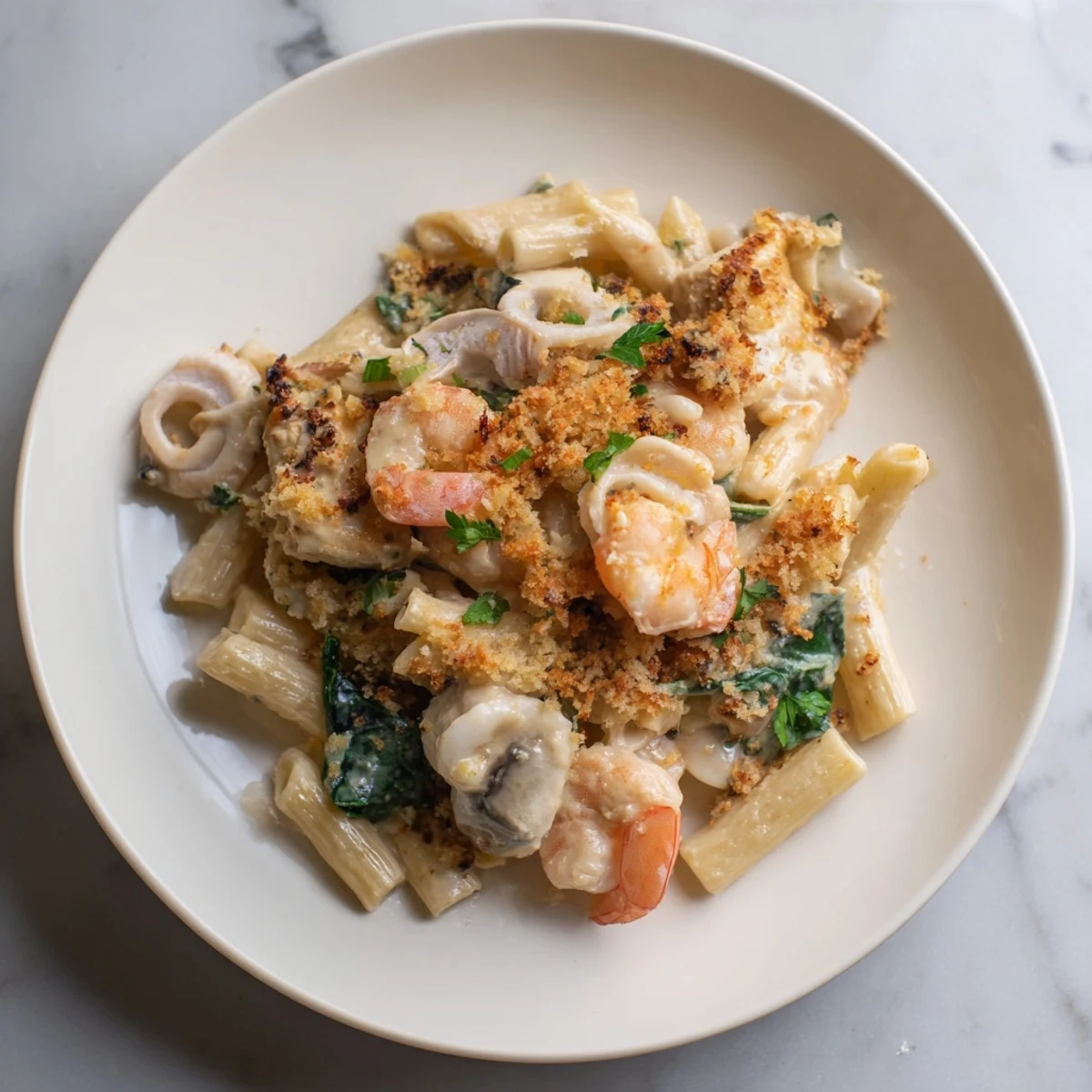 Creamy Japanese seafood pasta bake topped with crunchy panko, perfect for dinner.  