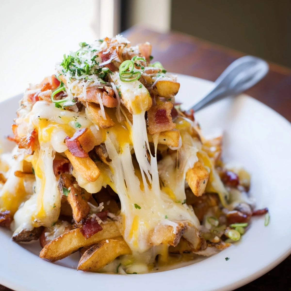 Crispy truffle oil loaded fries bake topped with melted cheese and savory bacon.  
