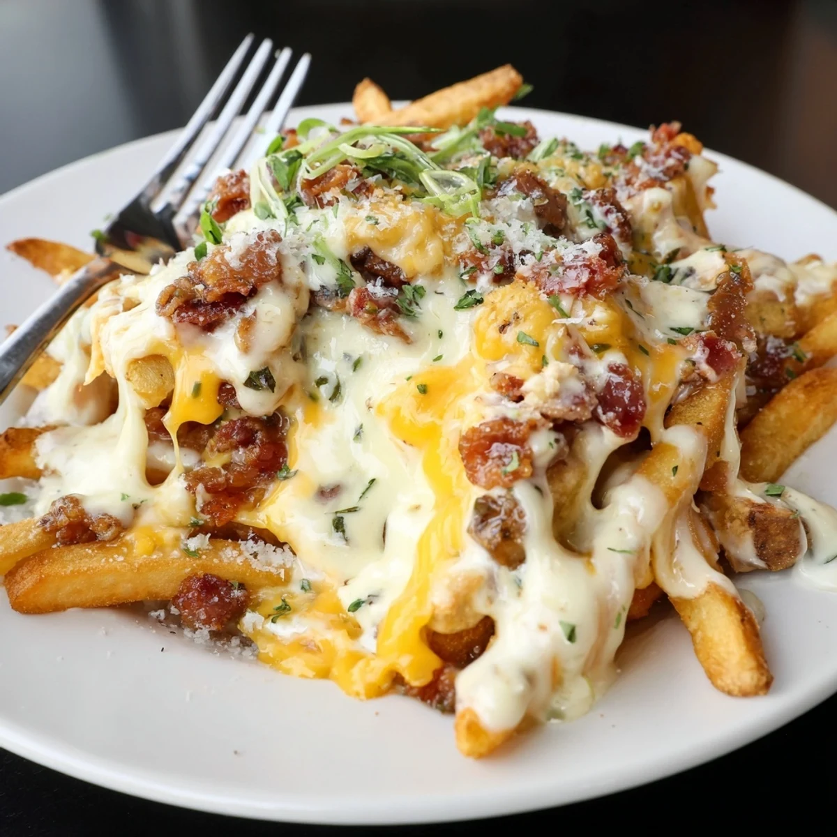 Oven-baked truffle oil loaded fries bake, featuring gooey cheese and aromatic toppings.
