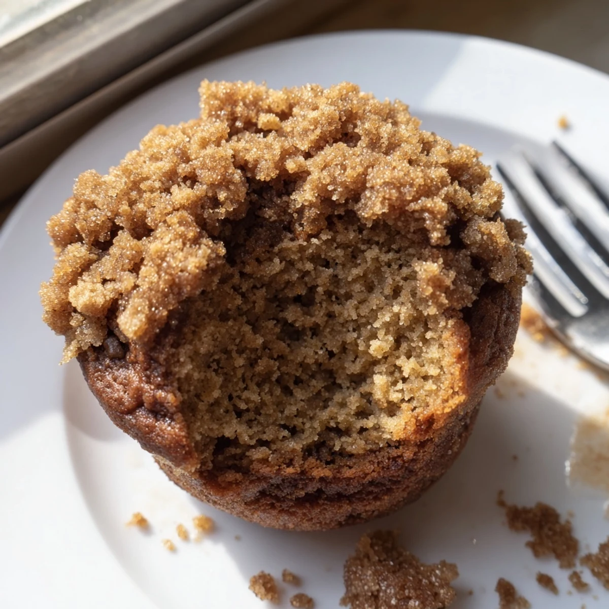 Tender maple ginger snap muffins topped with crushed cookies and turbinado sugar.  
