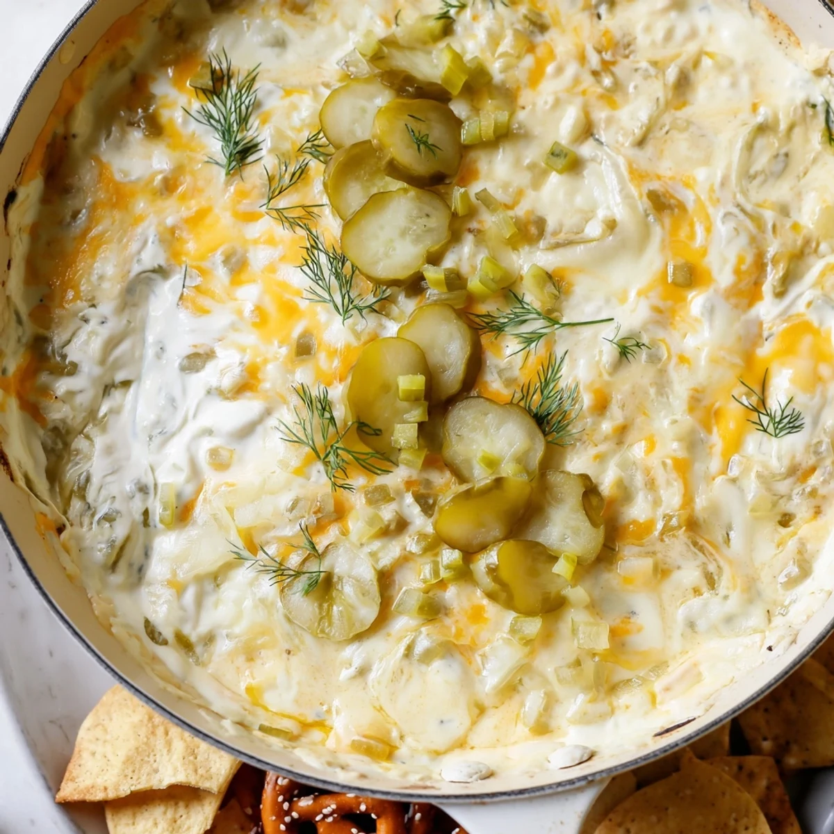 Gooey queso fundido dip with dill pickles, garnished with fresh herbs and chips.