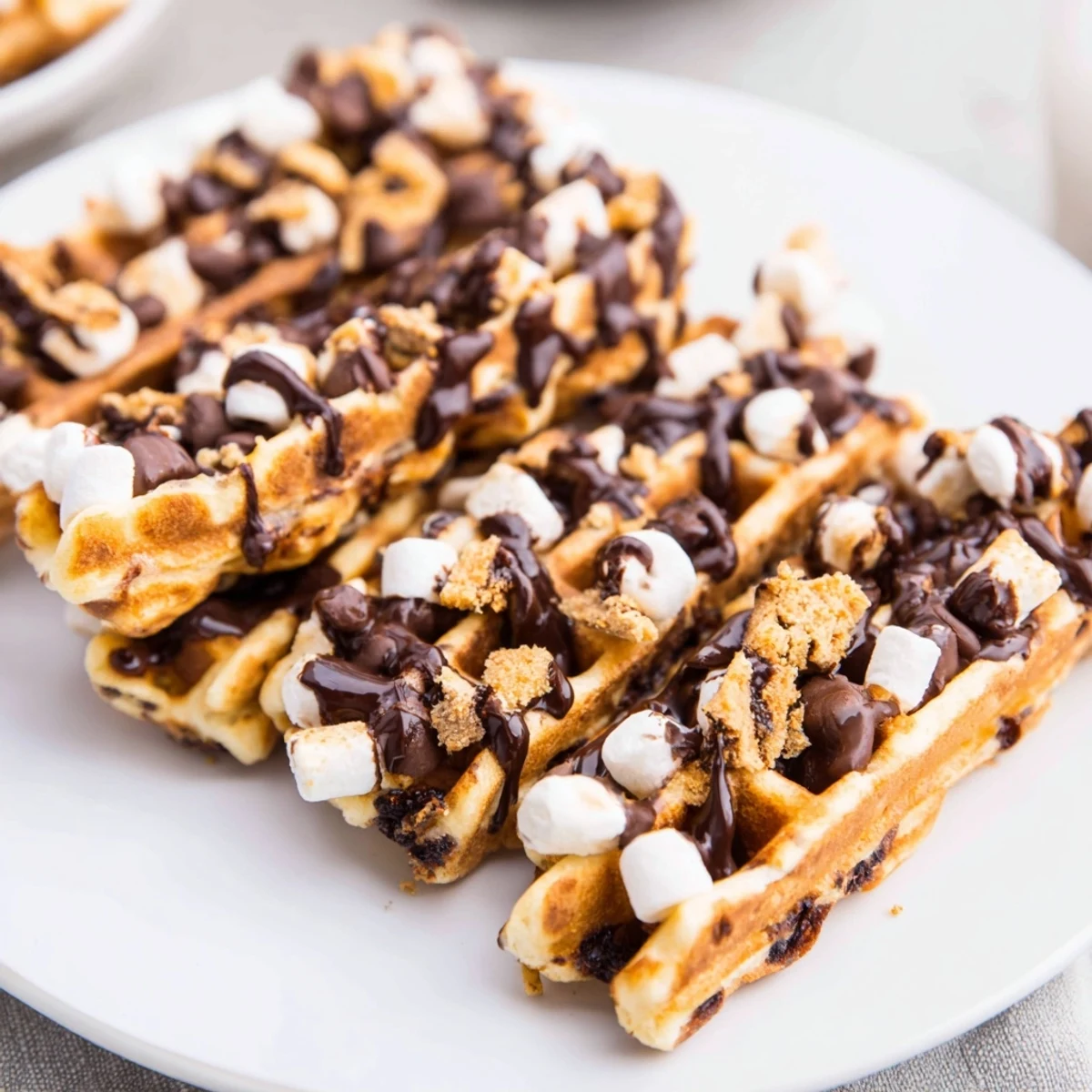 Crispy s’mores biscotti waffle sticks, drizzled with chocolate and toasted marshmallows.  