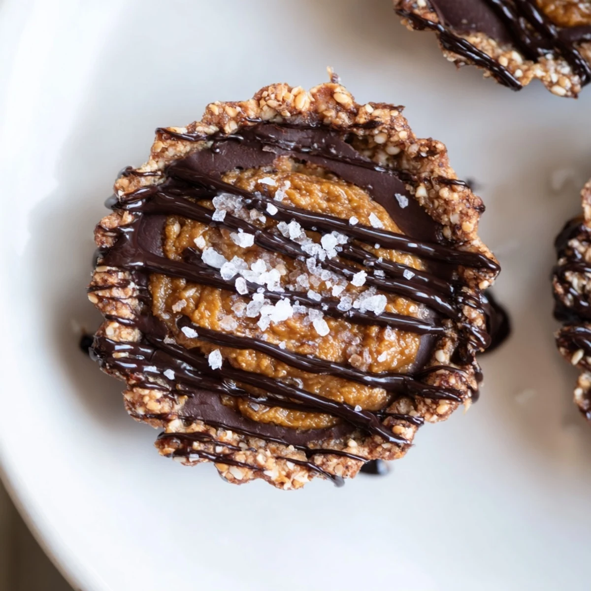 Delicious pumpkin chocolate pretzel tartlets topped with flaky sea salt and drizzled chocolate.  