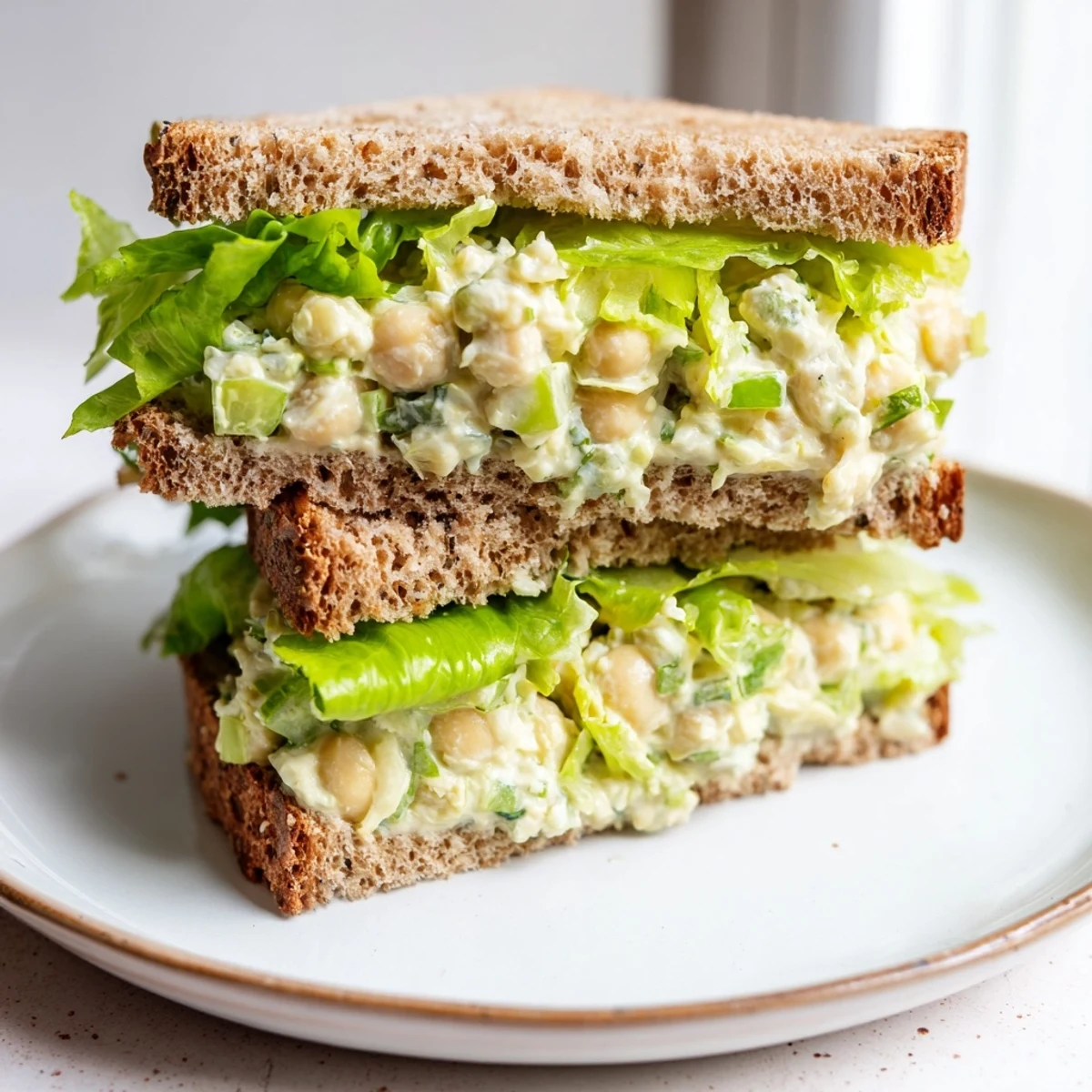 Vegan chickpea salad sandwich with fresh lettuce, perfect for quick lunches at home.  