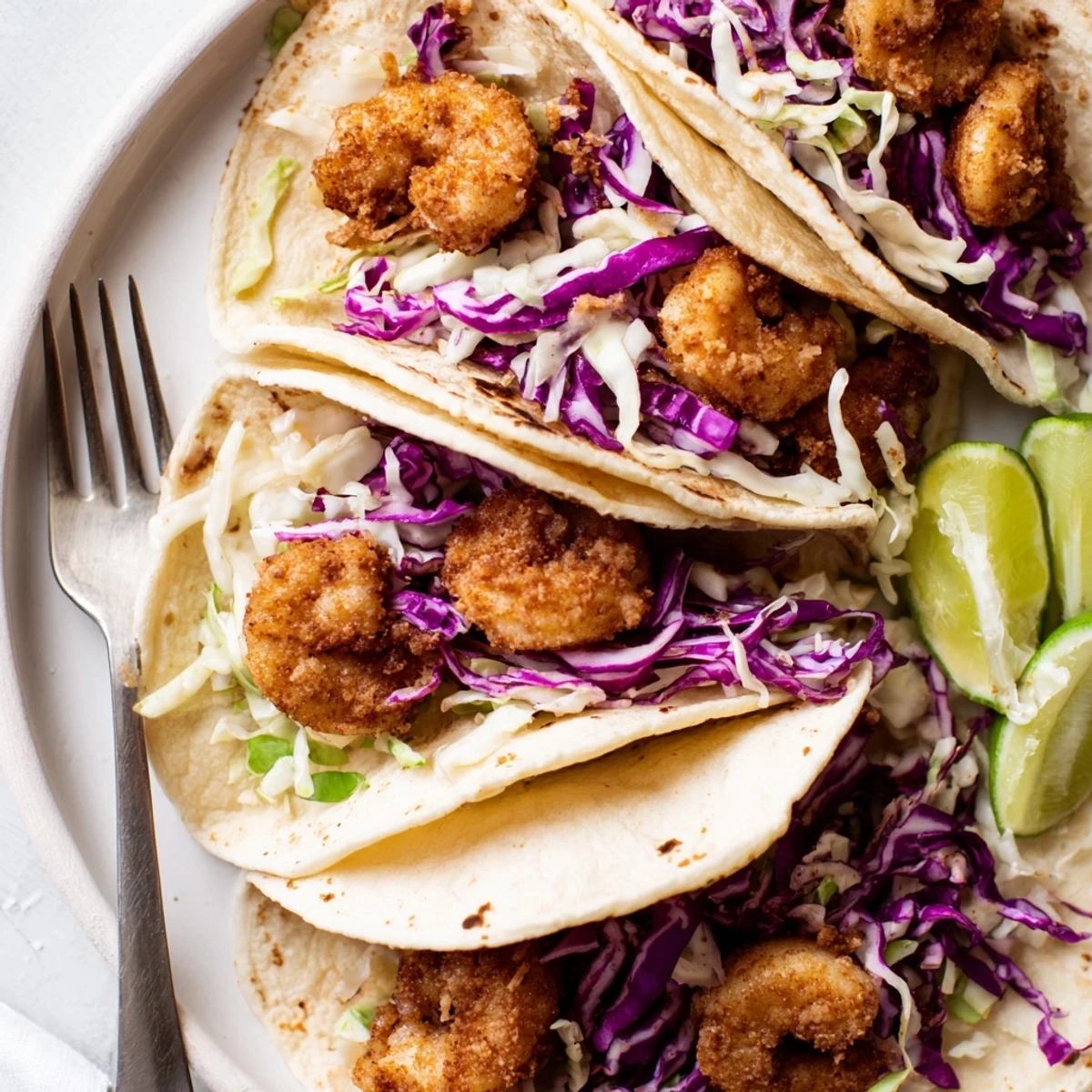 Fresh Easy Shrimp Tacos bursting with flavor, served with zesty lime wedges.  