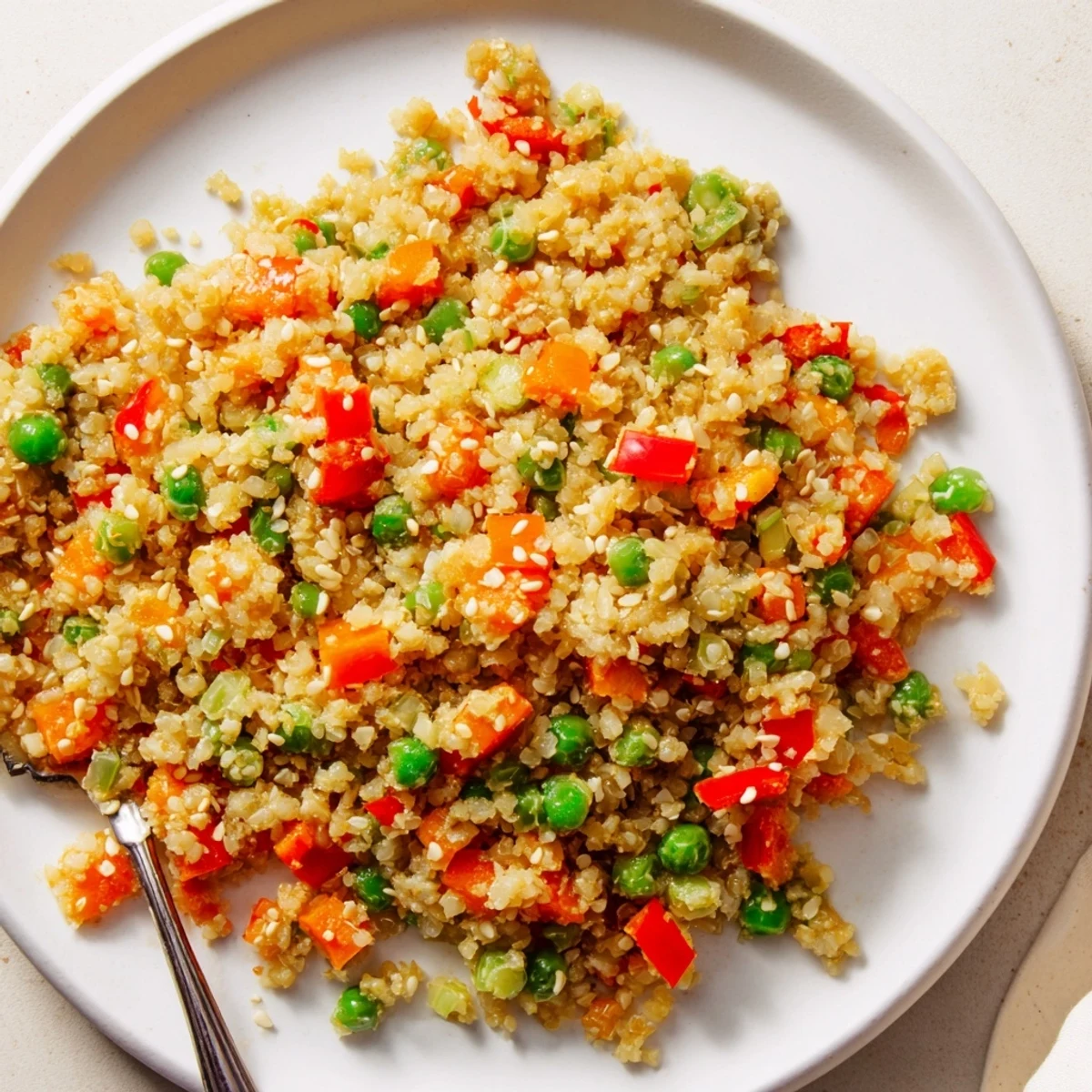 A colorful cauliflower rice stir-fry with vibrant veggies and aromatic garlic.  