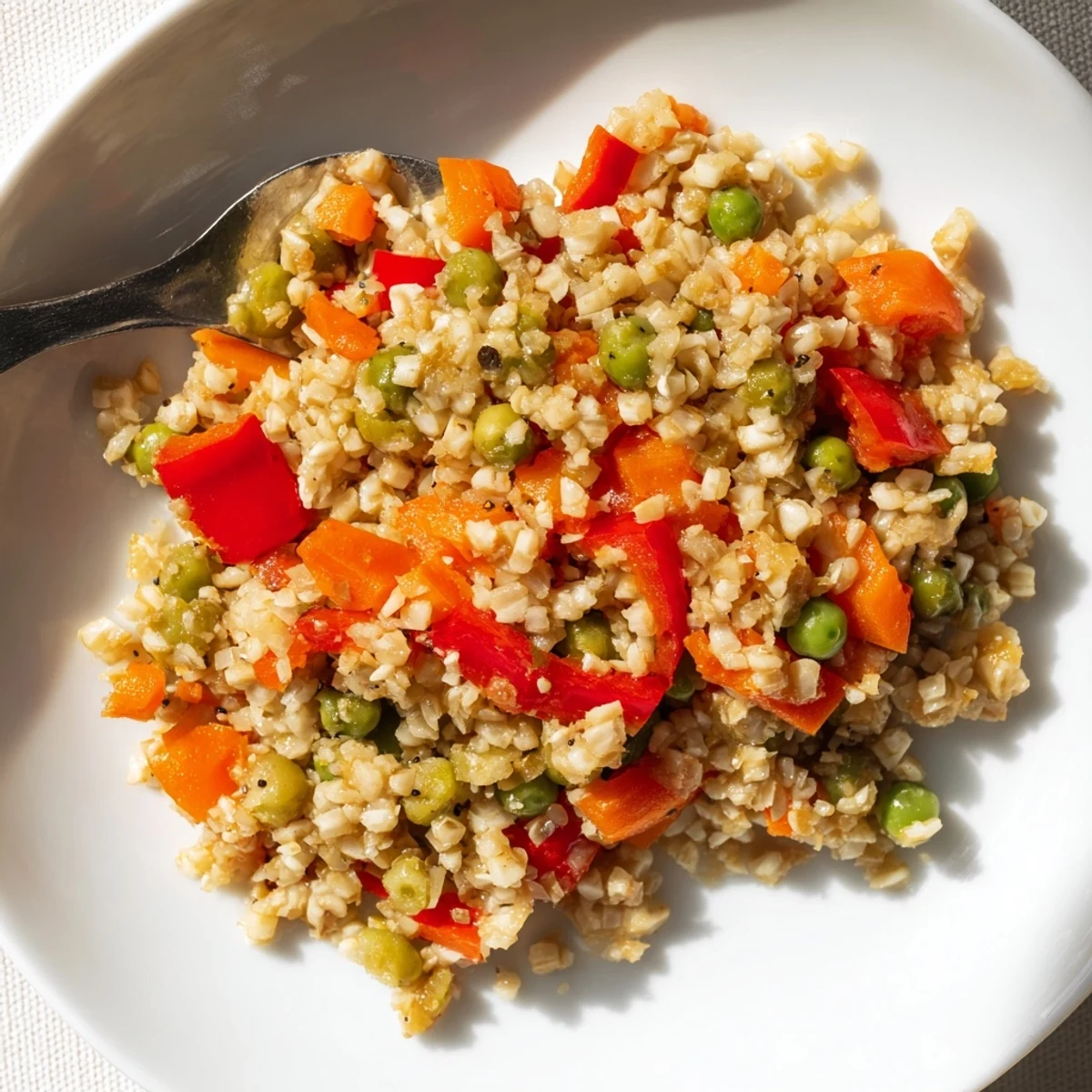 Savory low-carb cauliflower rice stir-fry garnished with fresh veggies and sesame oil.