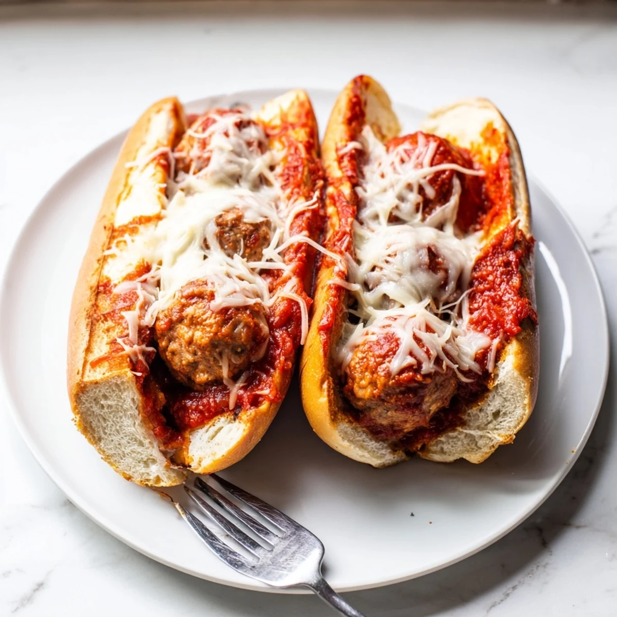 Juicy turkey meatball subs topped with melted cheese and rich marinara sauce.  