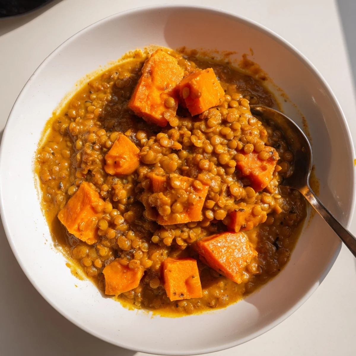 Hearty lentil and sweet potato curry served with rice in a vibrant bowl.  