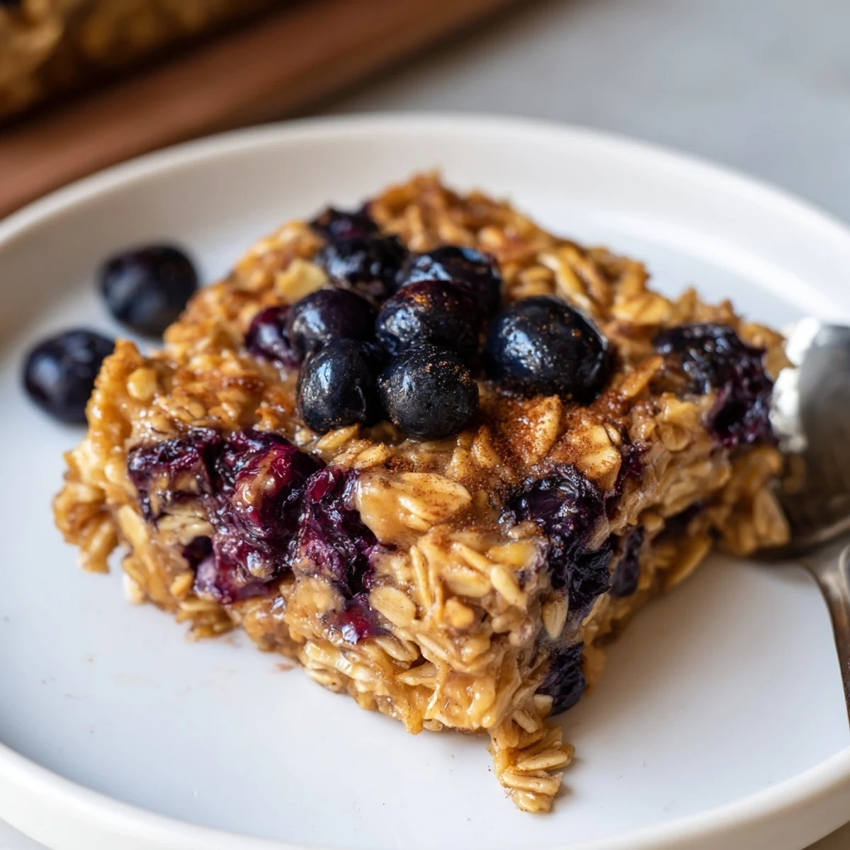 Warm, baked oatmeal with blueberries, drizzled with maple syrup for breakfast delight.  