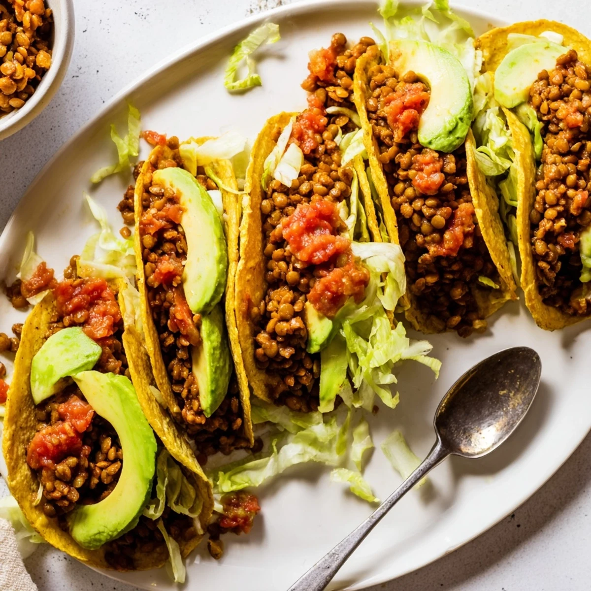 Hearty vegan lentil tacos piled high with fresh avocado and vibrant salsa.  