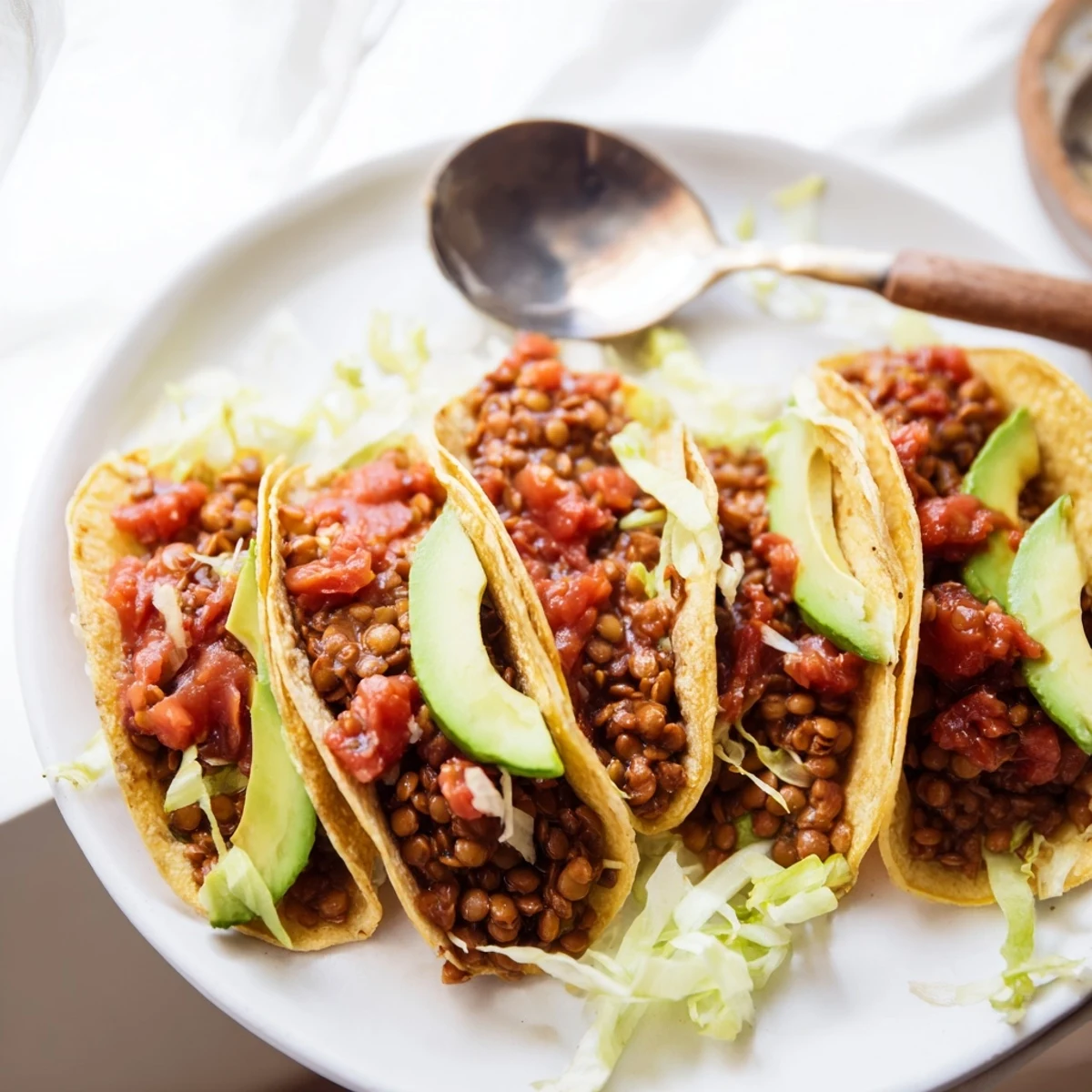 Colorful array of vegan lentil tacos topped with creamy avocado and tangy salsa.