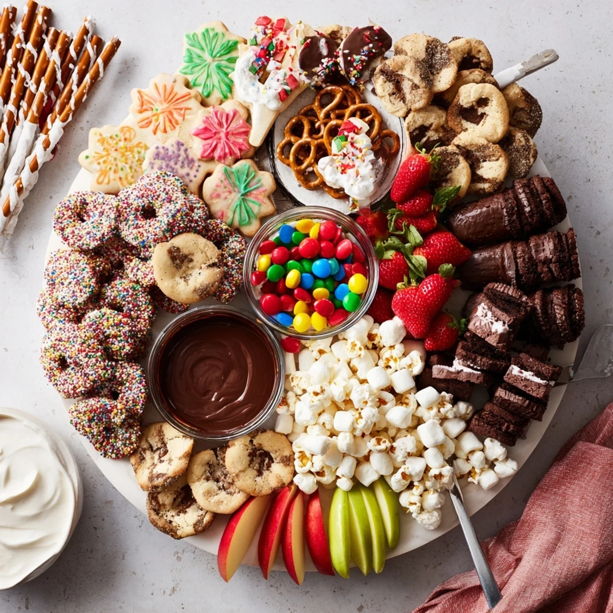 Festive dessert board with chocolate-dipped pretzel rods and assorted candies for sharing.  