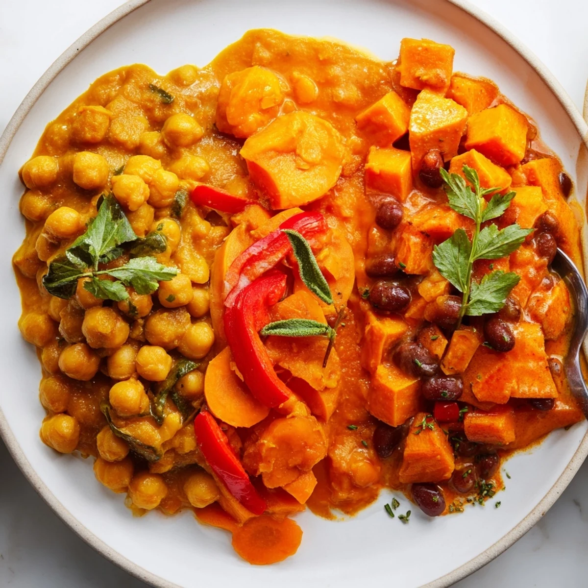 Delicious Single-Pan Global Curries simmering in a single pot with fresh herbs on top.  