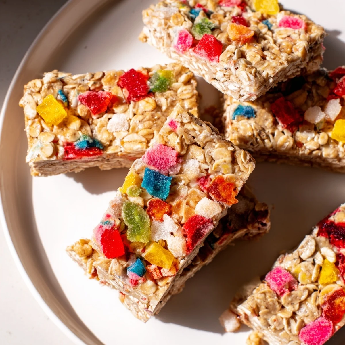 Chewy DIY snack bars with vibrant gummies, freeze-dried candies, and wholesome oats.