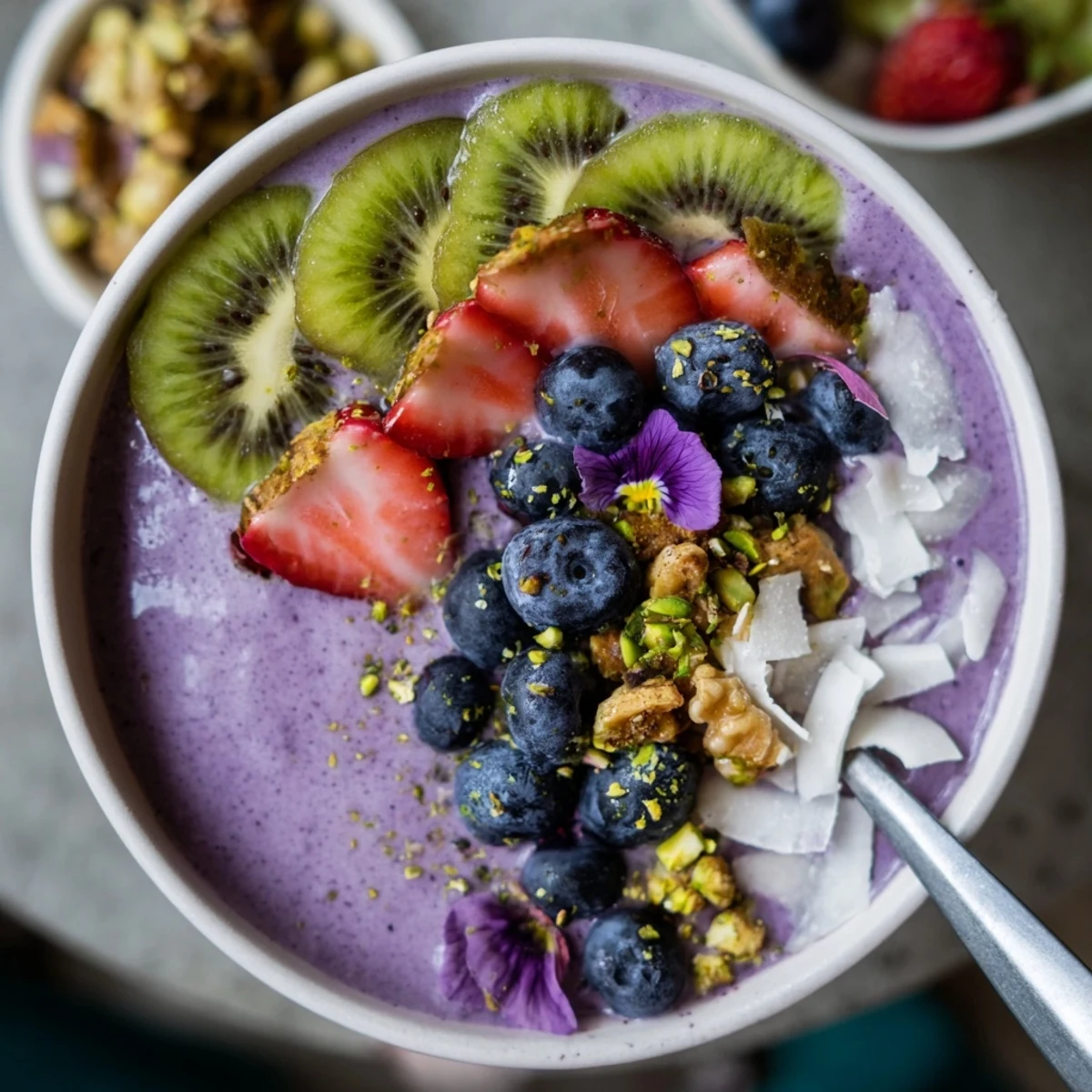 A colorful vibrant smoothie bowl topped with fresh berries and edible flowers.  