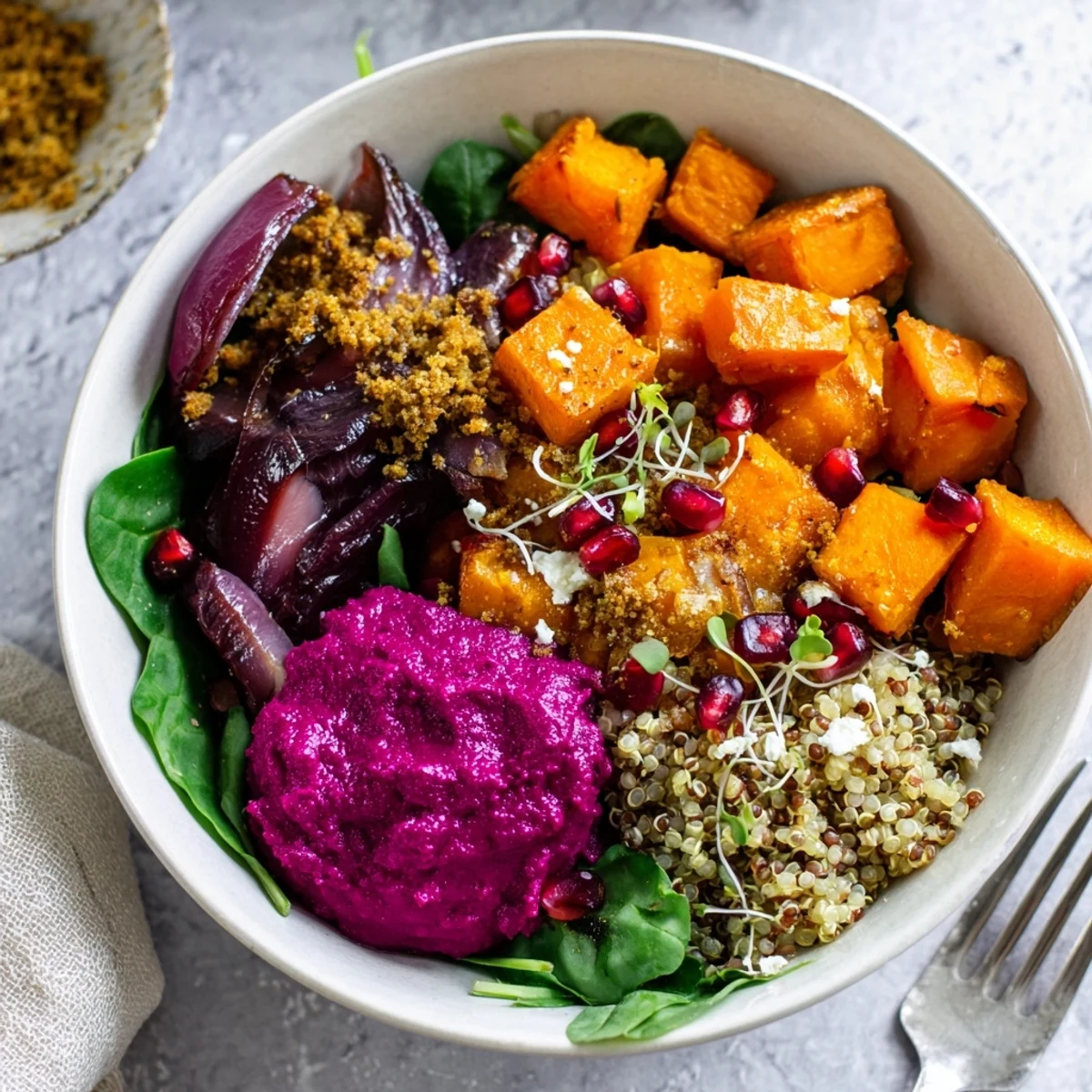 A warm spiced winter bowl topped with roasted veggies and ube-coconut purée.  