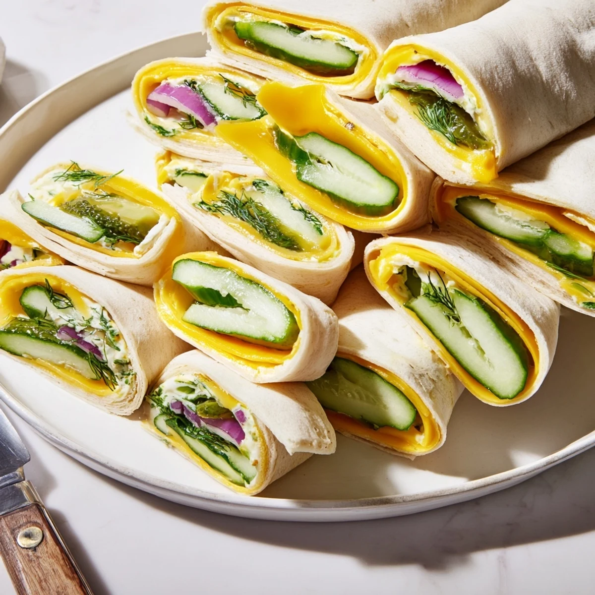 Crisp dill pickles wrapped in cheese-filled tortillas make a delicious Pickle-in-a-Blanket.  