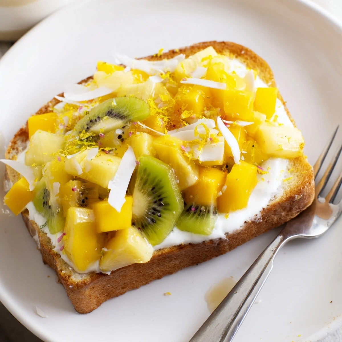 Creamy yogurt-custard toast topped with vibrant mango and pineapple slices.  
