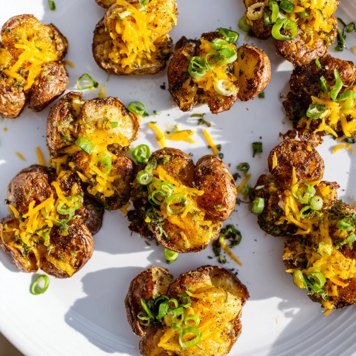 Crispy smashed green onion potato bombs, topped with melted cheddar and herbs.  