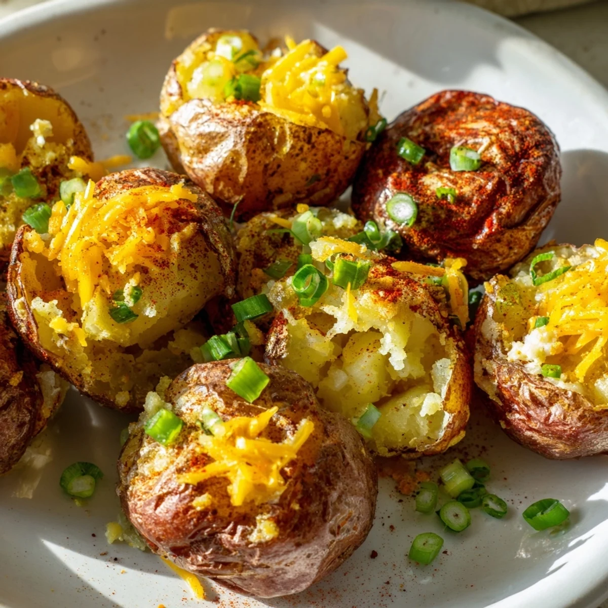 Savory smashed green onion potato bombs served hot, perfect for appetizers or side dishes.