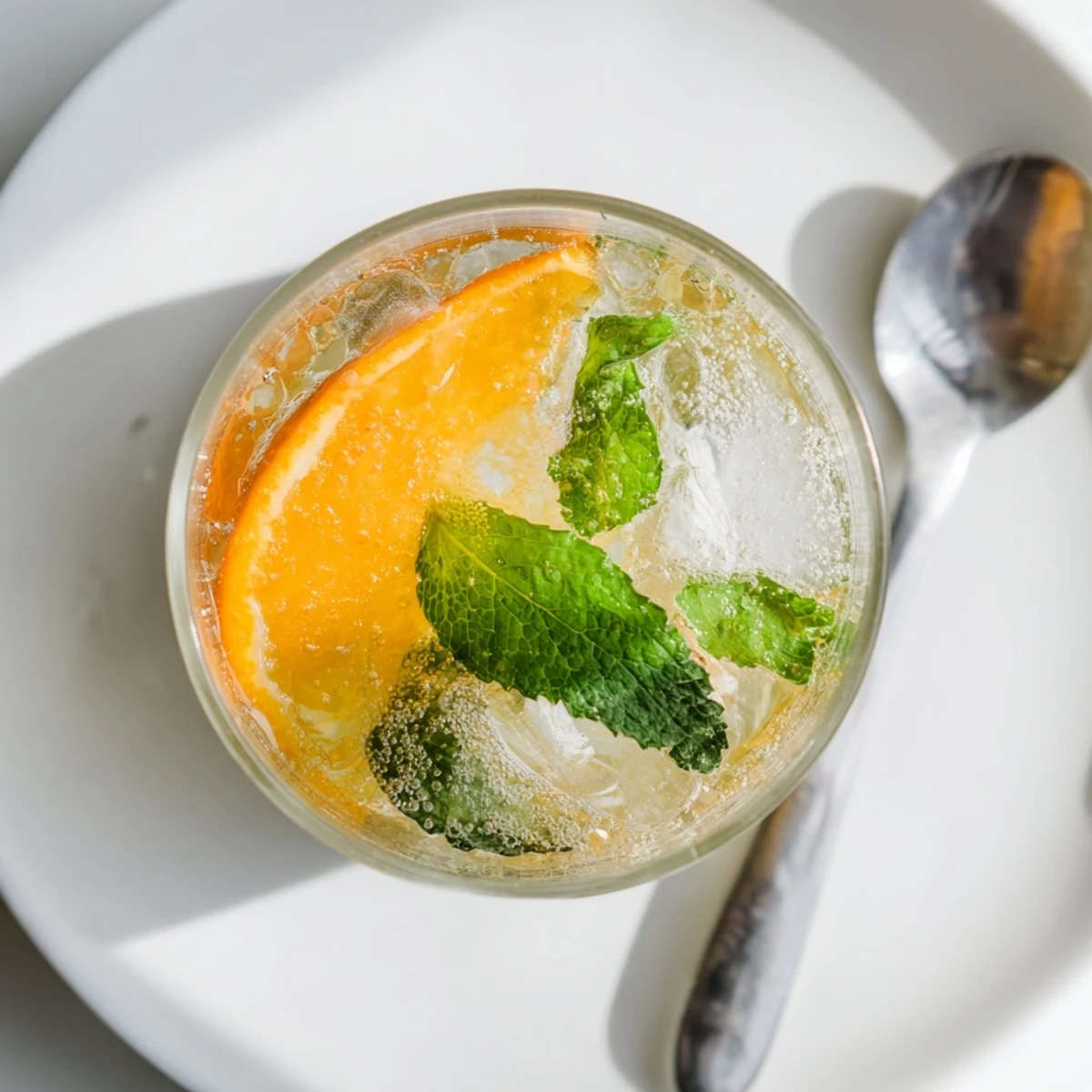 A vibrant probiotic soda mocktail topped with fresh mint and orange slices.  