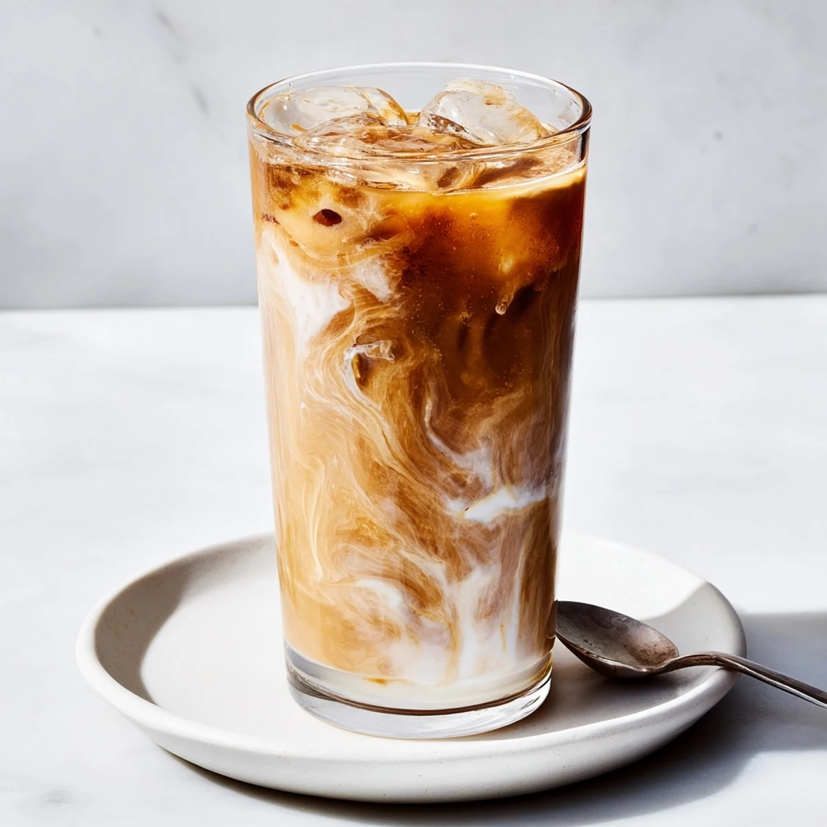 Creamy tahini iced coffee topped with milk and ice in tall glasses.  