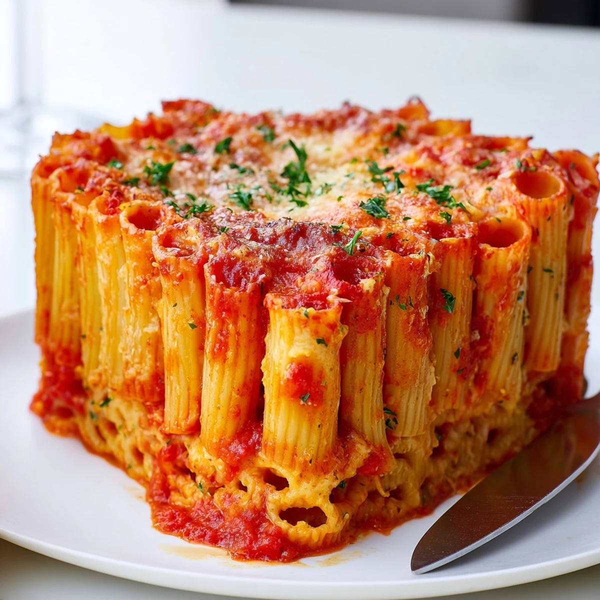Delightful Honeycomb Pasta Cake layered with luscious cheese and rich tomato sauce.  