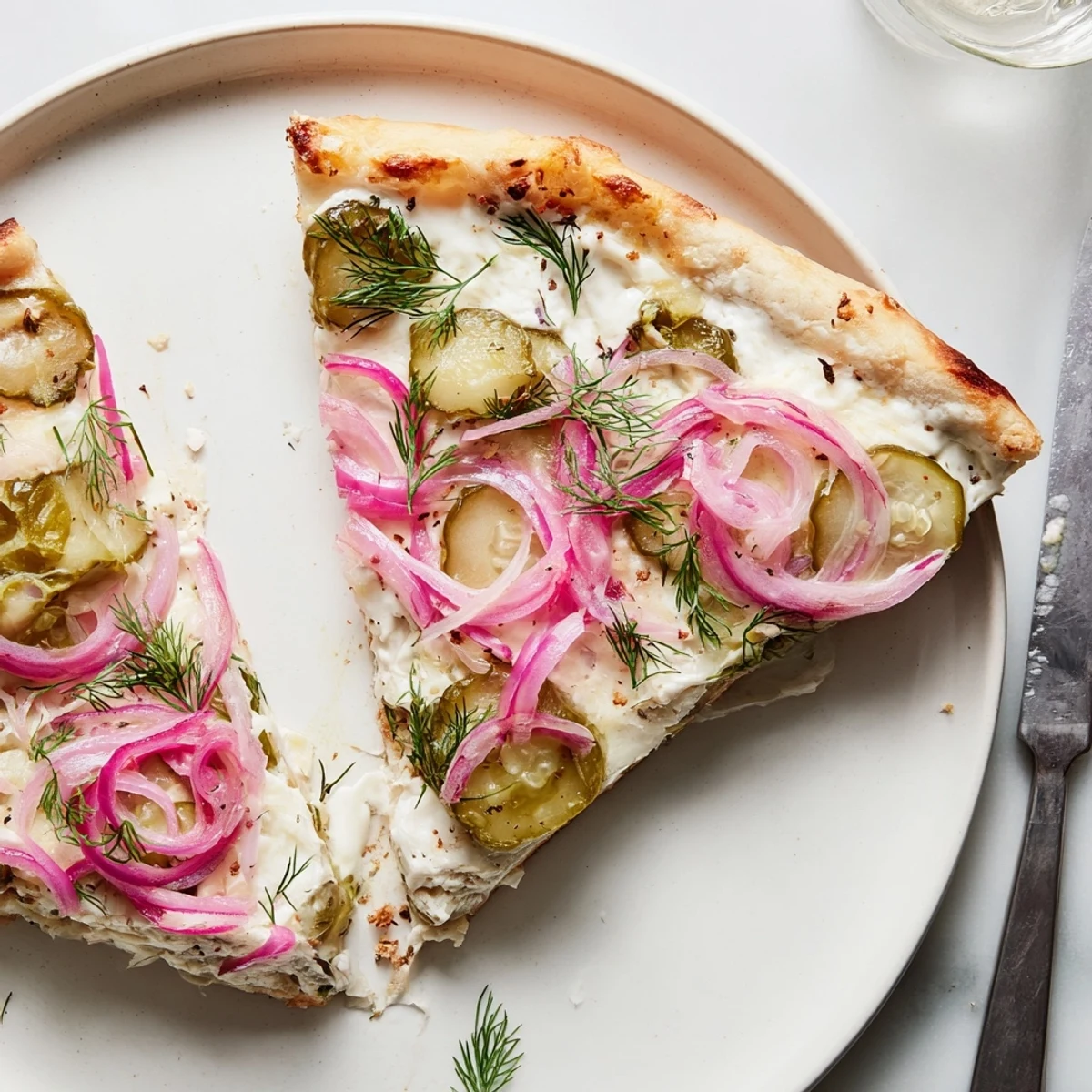 Creamy pickle pizza sliced and garnished with fresh dill for vibrant flavor.  