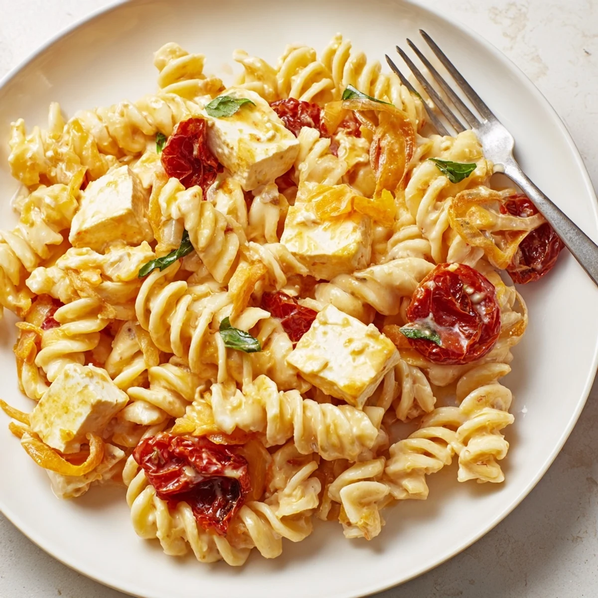 Creamy baked feta pasta topped with caramelized onions and sun-dried tomatoes.   