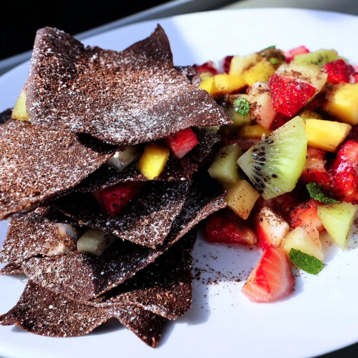 Crispy dessert chips with colorful fruit salsa, a playful twist on tradition.  