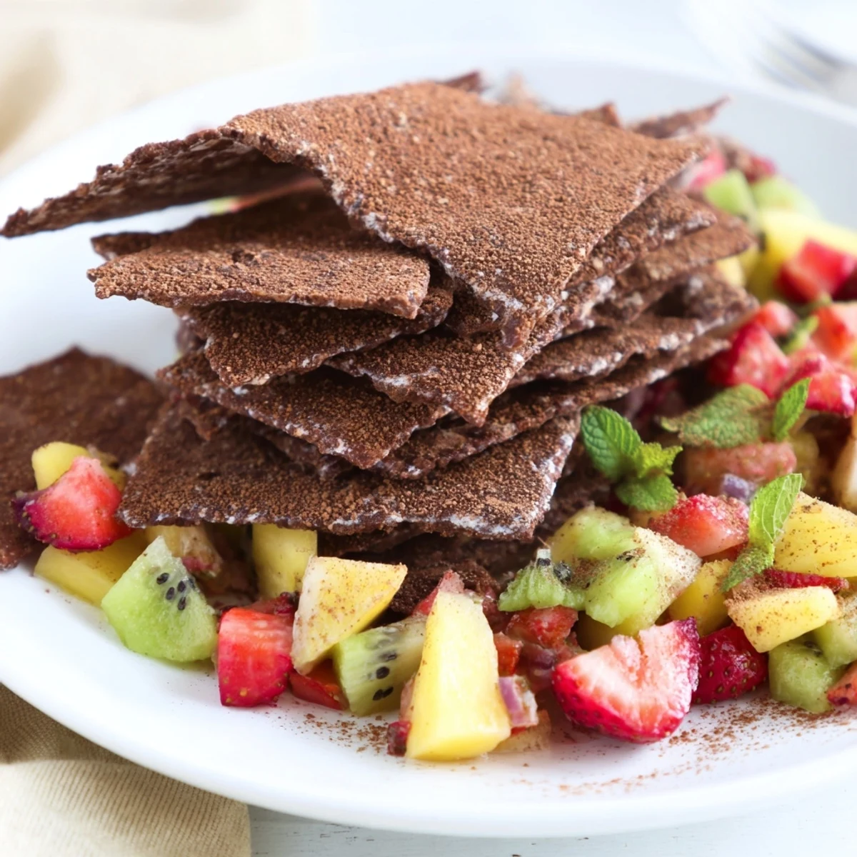 Homemade chocolate tortilla chips elegantly paired with fresh fruit salsa for dipping.  