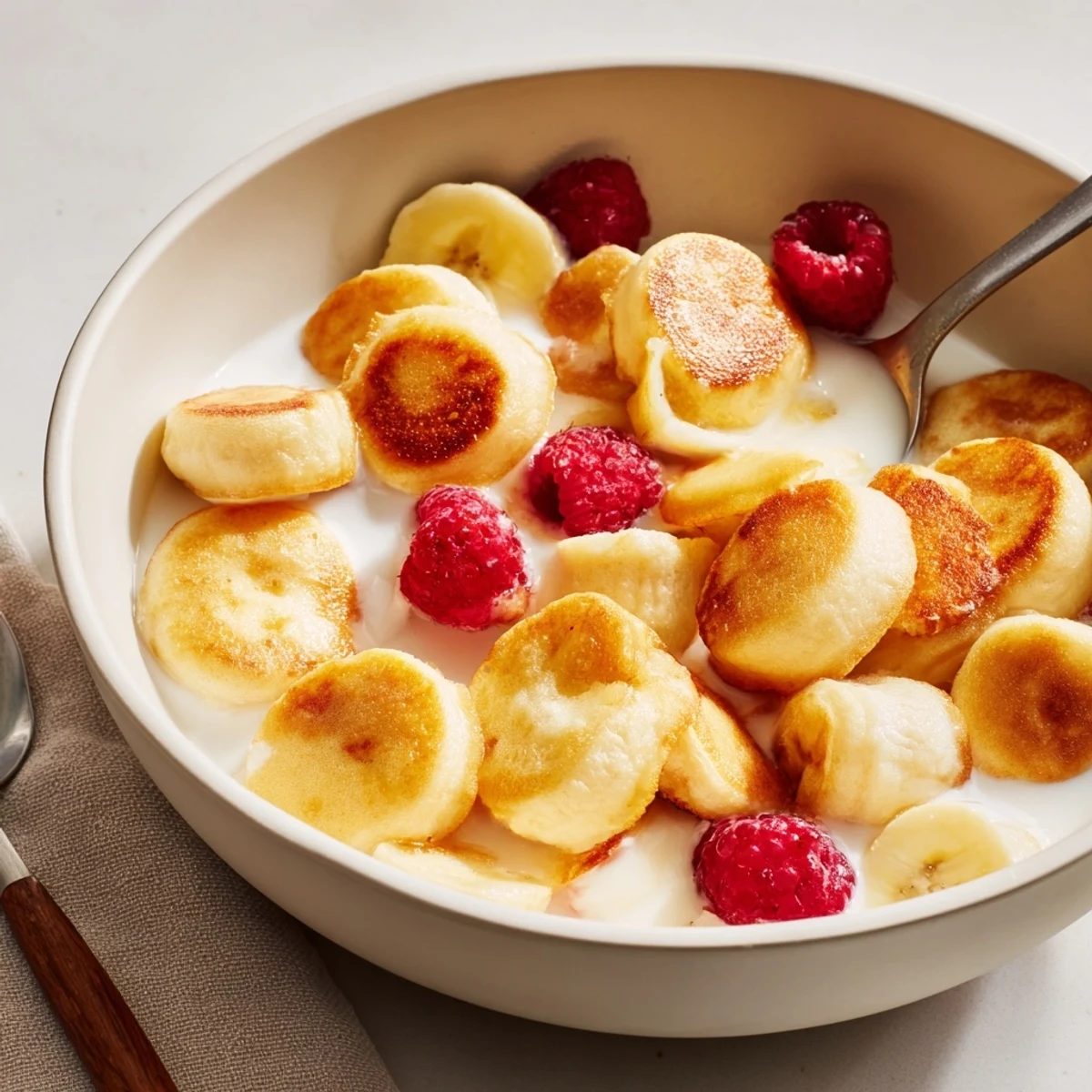 Bite-sized pancake cereal served in a bowl, drizzled with maple syrup.  