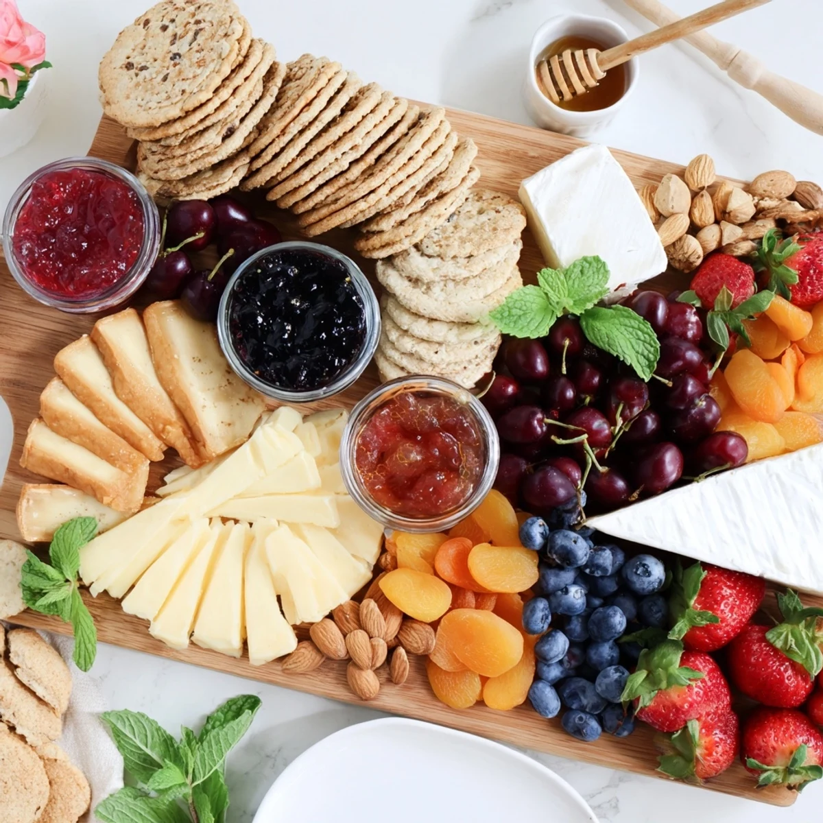 A colorful jam-infused brunch board adorned with artisan cheeses and fresh fruits.  